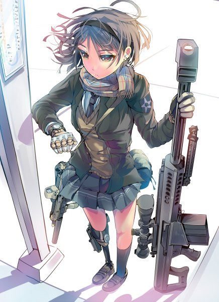 Anime picture 872x1200 with original daito (daito369) single tall image short hair brown hair brown eyes serious mechanical parts amputee girl skirt gloves uniform hair ornament weapon school uniform socks necktie shoes
