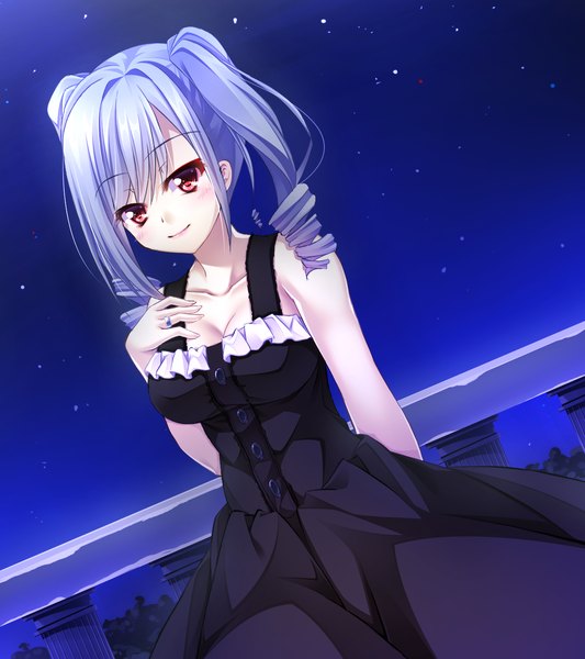 Anime picture 1280x1440 with idolmaster idolmaster cinderella girls kanzaki ranko argenteumastrum single long hair tall image looking at viewer blush light erotic red eyes silver hair night drill hair girl dress black dress