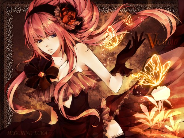 Anime picture 1200x900 with vocaloid megurine luka iriasu nai (artist) single long hair blue eyes bare shoulders pink hair very long hair hair flower girl thighhighs dress gloves hair ornament flower (flowers) bow black thighhighs hair bow