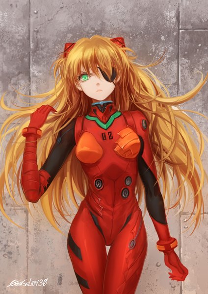 Anime picture 1600x2263 with neon genesis evangelion rebuild of evangelion evangelion: 2.0 you can (not) advance evangelion: 3.0 you can (not) redo gainax soryu asuka langley huazha01 single long hair tall image looking at viewer breasts standing green eyes signed orange hair inscription serious girl eyepatch