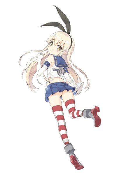 Anime picture 1020x1500 with kantai collection shimakaze destroyer crow z single long hair tall image blush fringe light erotic simple background blonde hair hair between eyes standing white background bare shoulders animal ears payot full body bent knee (knees) ass