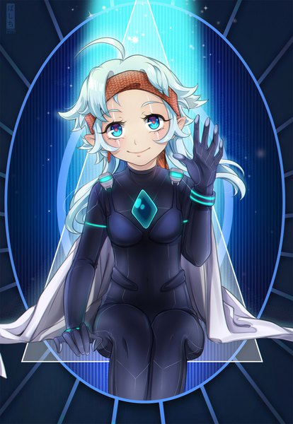 Anime picture 1300x1882 with basti rin single long hair tall image looking at viewer blush fringe blue eyes sitting silver hair ahoge head tilt arm up light smile pointy ears facial mark light glow science fiction girl