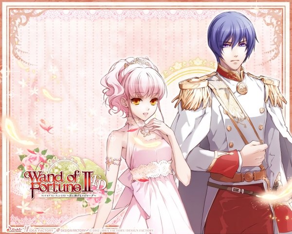 Anime picture 1280x1024 with wand of fortune wand of fortune 2 idea factory lulu (wand of fortune) julius fortner looking at viewer fringe short hair open mouth blue eyes blue hair pink hair orange eyes girl dress boy hair ornament flower (flowers) jewelry feather (feathers)