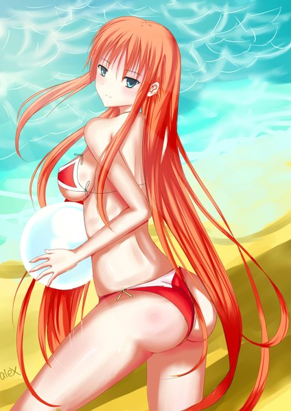 Anime picture 2480x3507 with alexwithoutwing single tall image blush highres blue eyes light erotic bare shoulders ass very long hair looking back light smile orange hair bad anatomy girl swimsuit bikini red bikini