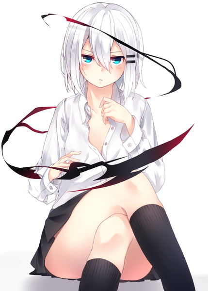 Anime picture 896x1253 with original ringo-chan (otokuyou) otokuyou single tall image looking at viewer blush fringe short hair blue eyes light erotic simple background hair between eyes white background sitting white hair long sleeves parted lips pleated skirt crossed legs