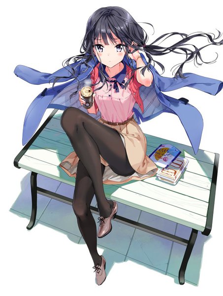 Anime picture 673x890 with masamune-kun no revenge silver link adagaki aki tiv single long hair tall image looking at viewer blush fringe highres light erotic black hair simple background white background sitting twintails full body bent knee (knees) from above