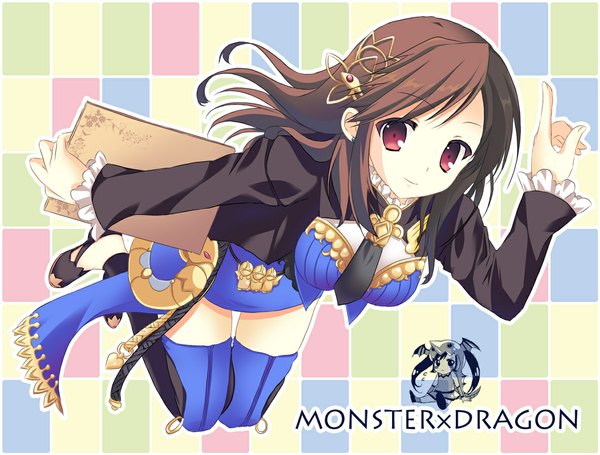 Anime picture 1186x900 with monster x dragon tsukiji single long hair looking at viewer red eyes brown hair girl thighhighs dress hair ornament necktie