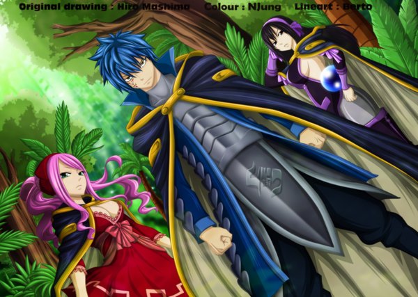 Anime picture 1800x1281 with fairy tail jellal fernandes ultear milkovich meredy (fairy tail) natilokijung long hair looking at viewer highres short hair black hair multiple girls green eyes blue hair pink hair ponytail black eyes tattoo coloring girl dress