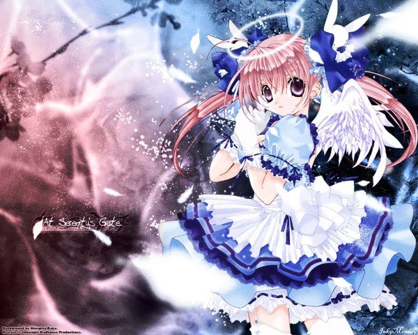Anime picture 1280x1024 with pita ten misha (pita ten) koge donbo single purple eyes twintails pink hair ahoge short sleeves angel wings girl thighhighs gloves bow hair bow animal white thighhighs wings white gloves bunny