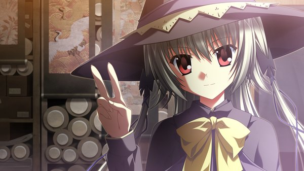 Anime picture 1280x720 with supipara kamishiro alice nanao naru long hair red eyes wide image twintails game cg silver hair victory girl ribbon (ribbons) hair ribbon witch hat