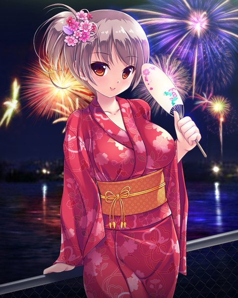 Anime picture 640x800 with original aocchi single tall image looking at viewer blush short hair smile red eyes brown hair traditional clothes japanese clothes girl hair ornament kimono obi fan kanzashi