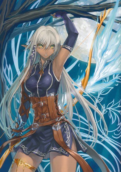Anime picture 2127x3022 with original ranou long hair tall image highres yellow eyes silver hair white hair pointy ears scan night armpit (armpits) dark skin elf dark elf girl gloves ribbon (ribbons) weapon plant (plants)