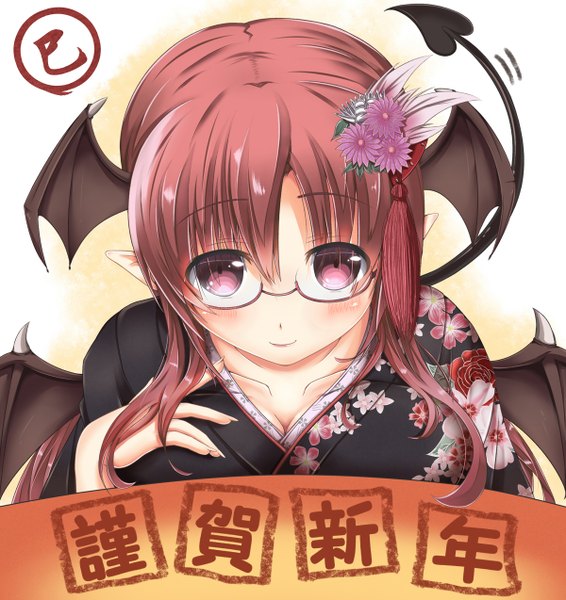 Anime picture 1200x1273 with touhou koakuma tenchou no matsumoto long hair tall image looking at viewer blush red eyes red hair japanese clothes head wings girl hair ornament wings glasses kimono