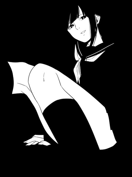 Anime picture 1000x1333 with original hiakko long hair tall image looking at viewer black hair smile black eyes teeth black background monochrome pale skin girl thighhighs skirt black thighhighs socks serafuku black socks