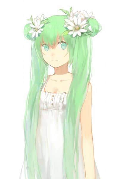 Anime picture 1000x1453 with original cotta single long hair tall image fringe simple background white background twintails hair flower aqua eyes green hair light smile girl hair ornament flower (flowers) sundress