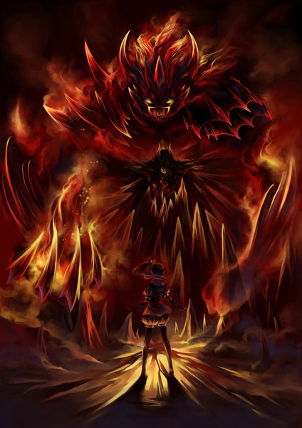Anime picture 1500x2122 with sound horizon shaytan layla kaso kimaku long hair tall image black hair yellow eyes ponytail red hair horn (horns) demon girl gloves shorts fire