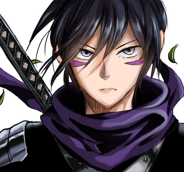 Anime picture 1300x1217 with one-punch man madhouse onsoku no sonic mugi (pixiv9217525) single looking at viewer short hair black hair simple background white background purple eyes wind lips facial mark portrait boy weapon sword scarf armor