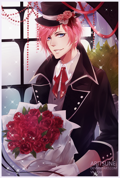 Anime picture 1100x1631 with original aritsune single tall image looking at viewer short hair blue eyes smile holding signed pink hair inscription turning head border boy gloves flower (flowers) ribbon (ribbons) hat white gloves