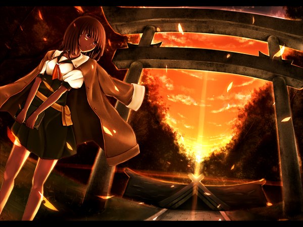 Anime picture 1280x960 with bakemonogatari shaft (studio) monogatari (series) sengoku nadeko ahirun single short hair brown hair purple eyes sunlight evening sunset girl skirt uniform plant (plants) school uniform shirt tree (trees) necktie