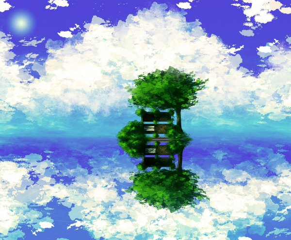 Anime picture 1200x990 with original masakohime (artist) sky cloud (clouds) reflection landscape nature plant (plants) tree (trees) water sun