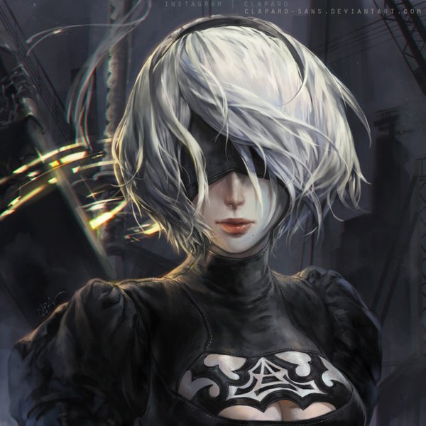 Anime picture 800x800 with nier nier:automata yorha no. 2 type b claparo-sans single short hair breasts signed cleavage upper body white hair indoors wind realistic mole lipstick portrait cleavage cutout mole under mouth blindfold