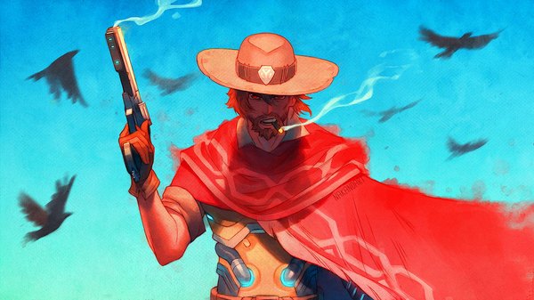 Anime picture 1024x576 with overwatch blizzard entertainment mccree (overwatch) nakanoart single looking at viewer fringe short hair hair between eyes brown hair wide image holding brown eyes signed sky arm up mouth hold smoke smoking boy