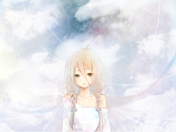 Anime picture 1600x1200 with vocaloid ia (vocaloid) penchop single long hair fringe blonde hair bare shoulders brown eyes sky cloud (clouds) braid (braids) very long hair alternate costume tears twin braids sad girl star (stars)