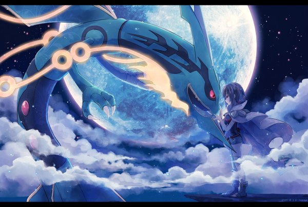 Anime picture 1488x1000 with pokemon pokemon (game) pokemon oras nintendo rayquaza higana (pokemon) mega rayquaza kabocha torute fringe short hair breasts open mouth standing signed looking away purple hair cloud (clouds) profile pink eyes night