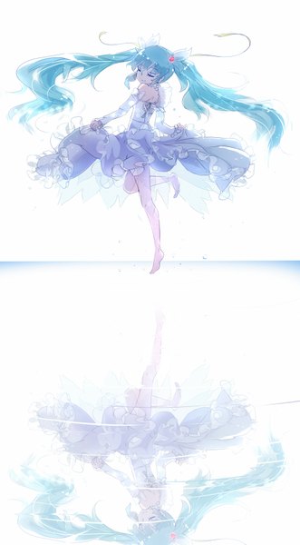 Anime picture 994x1800 with vocaloid hatsune miku qys3 single long hair tall image twintails eyes closed barefoot aqua hair bare legs reflection dancing girl dress hair ornament detached sleeves frills
