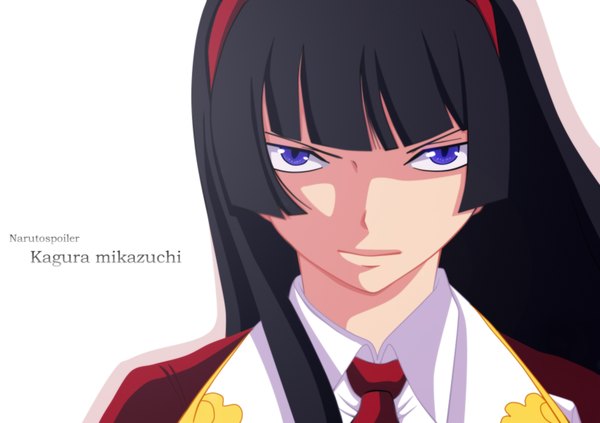 Anime picture 1700x1200 with fairy tail mikazuchi kagura i-azu single long hair black hair white background purple eyes inscription coloring portrait face girl necktie