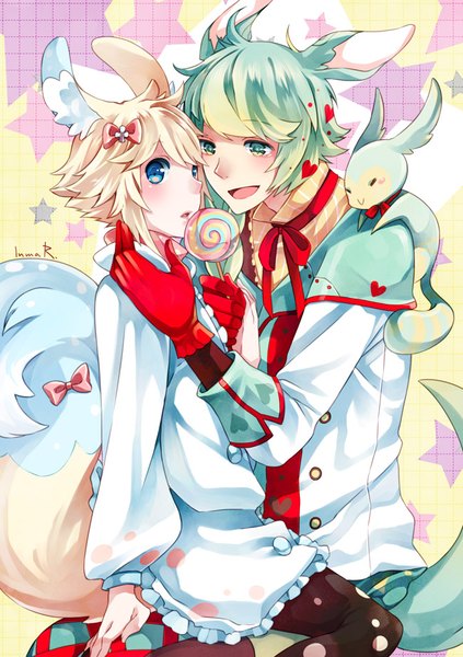 Anime picture 650x922 with original inma r. tall image blush short hair open mouth blue eyes blonde hair smile holding green eyes signed animal ears payot tail eyes closed animal tail green hair :o kneeling