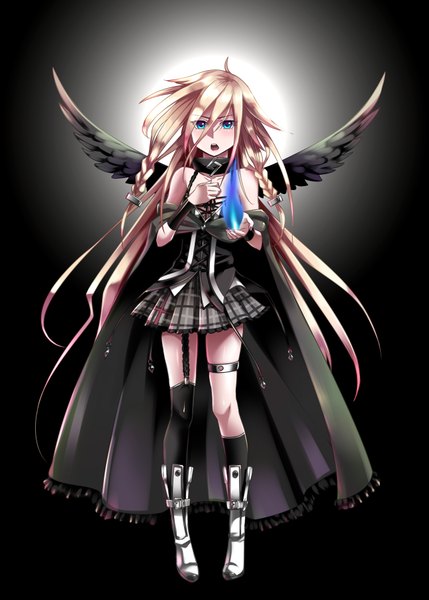 Anime picture 1295x1812 with vocaloid ia (vocaloid) caffein single long hair tall image looking at viewer blush fringe open mouth blue eyes blonde hair simple background hair between eyes braid (braids) girl thighhighs dress black thighhighs wings