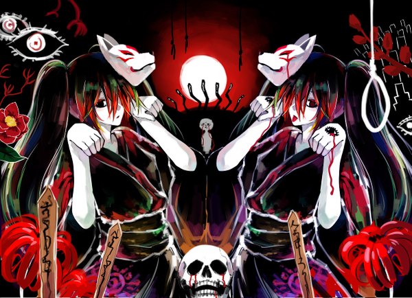 Anime picture 1209x876 with vocaloid musunde hiraite rasetsu to mukuro (vocaloid) hatsune miku otaku (artist) twintails multiple girls japanese clothes mask on head eyes symmetry girl 2 girls kimono moon blood mask skull fox