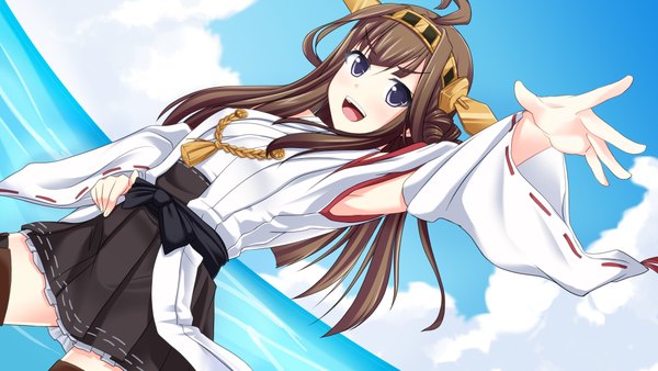 Anime picture 3886x2191 with kantai collection kongou battleship furukawa tsukumo long hair blush highres open mouth brown hair wide image purple eyes absurdres sky cloud (clouds) ahoge nontraditional miko girl skirt hair ornament detached sleeves sea