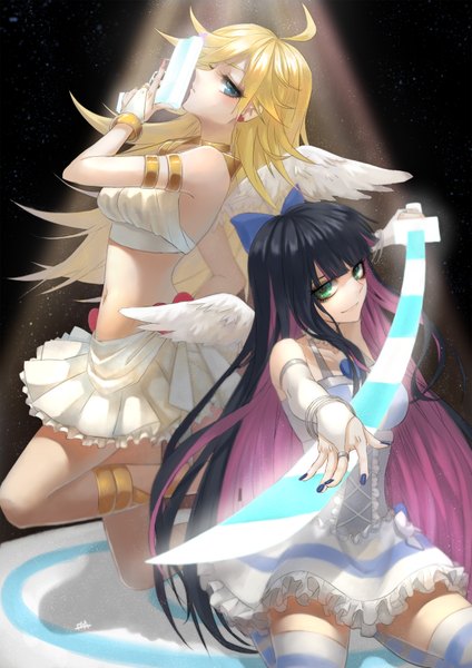 Anime picture 2480x3508 with panty & stocking with garterbelt anarchy stocking anarchy panty cea long hair tall image looking at viewer blush fringe highres breasts black hair blonde hair smile multiple girls green eyes looking away pink hair ahoge bent knee (knees)