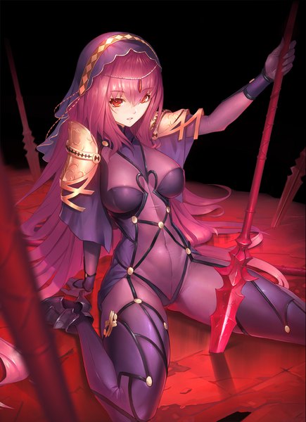 Anime picture 1200x1654 with fate (series) fate/grand order scathach (fate) (all) scathach (fate) duan henglong single tall image looking at viewer blush fringe breasts light erotic hair between eyes red eyes large breasts sitting purple hair very long hair arm support high heels