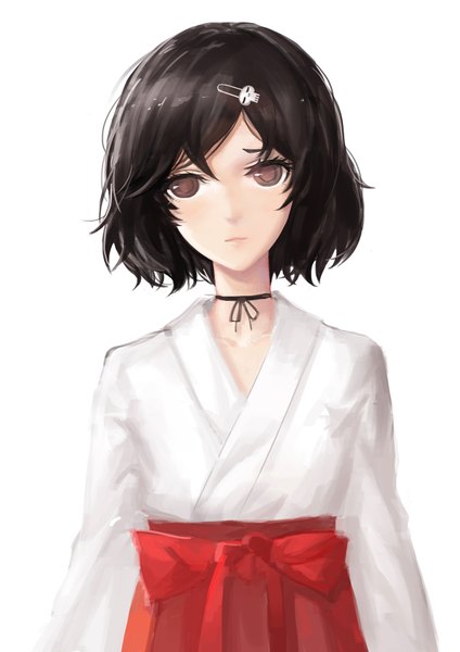 Anime picture 1200x1697 with steins;gate white fox urushibara ruka kinven single tall image looking at viewer short hair black hair simple background white background brown eyes traditional clothes japanese clothes otoko no ko boy hair ornament hairclip hakama skull hair ornament