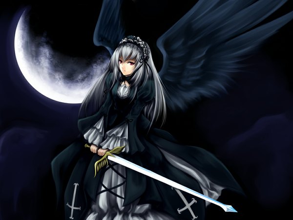 Anime picture 1000x750 with rozen maiden suigintou blackwing phoenix single long hair looking at viewer red eyes silver hair night night sky lolita fashion gothic girl dress weapon sword wings headdress moon