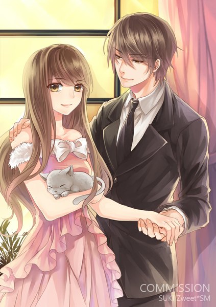 Anime picture 705x1000 with sukiblog long hair tall image short hair black hair smile brown hair yellow eyes sunlight couple holding hands girl dress boy bow animal necktie window curtains cat