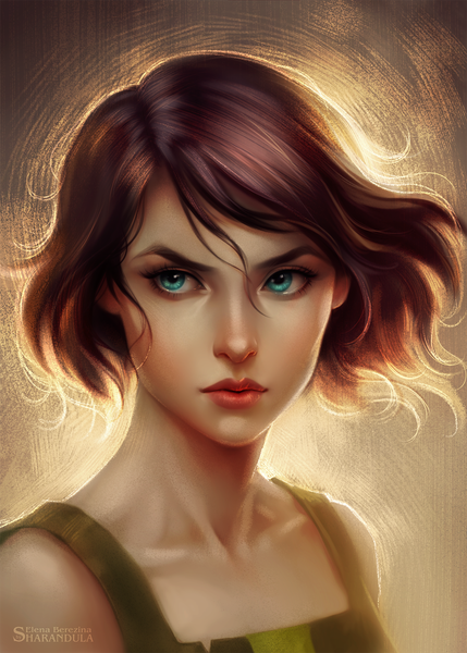 Anime picture 1300x1816 with avatar: the legend of korra korra elena berezina single tall image looking at viewer fringe short hair hair between eyes brown hair bare shoulders aqua eyes lips lipstick light close-up red lipstick girl