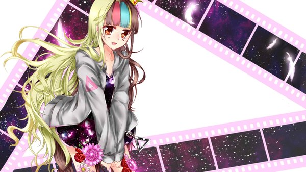 Anime picture 1600x900 with vocaloid galaco tagme (artist) single long hair open mouth blonde hair smile red eyes brown hair wide image multicolored hair open clothes open jacket streaked hair girl dress flower (flowers)