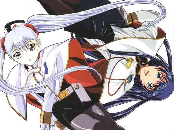 Anime picture 1024x768 with martian successor nadesico xebec hoshino ruri misumaru yurika gotoh keiji long hair looking at viewer fringe open mouth simple background smile hair between eyes white background twintails multiple girls yellow eyes blue hair bent knee (knees) white hair very long hair