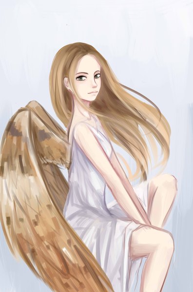 Anime picture 2641x4000 with original lon-li-mei single long hair tall image looking at viewer highres brown hair sitting green eyes bent knee (knees) turning head angel wings girl dress wings white dress