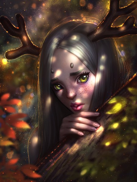 Anime picture 1536x2048 with ayyasap single long hair tall image looking at viewer green eyes head tilt horn (horns) fingernails lips grey hair sunlight realistic lens flare eyebrows freckles dust scared girl tree (trees)