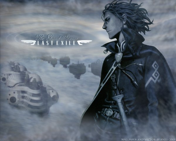 Anime picture 1280x1024 with last exile gonzo alex row single short hair black hair looking away cloud (clouds) outdoors head tilt profile copyright name boy belt cloak