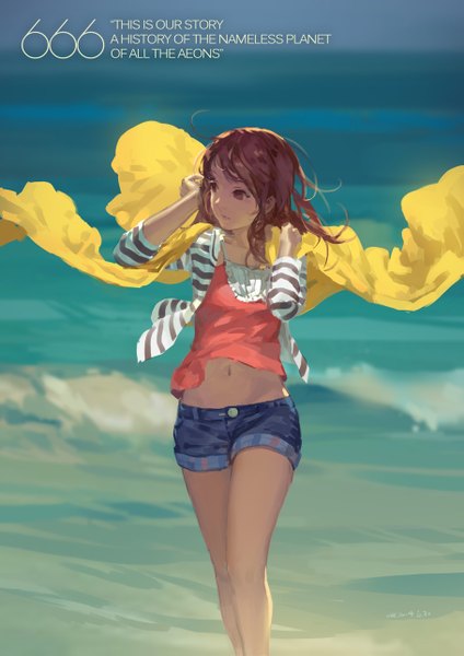Anime picture 909x1286 with original hjl single long hair tall image brown hair brown eyes signed looking away wind inscription beach walking girl navel shorts sea blouse