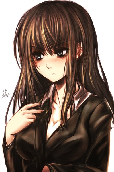 Anime picture 2000x3010 with original kotoba noriaki single long hair tall image blush highres blue eyes brown hair looking away upper body girl