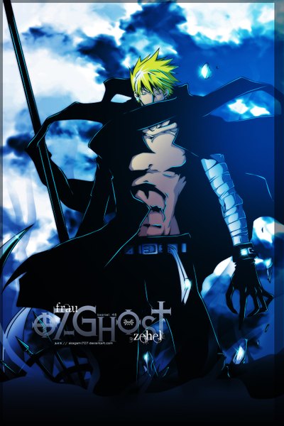 Anime picture 1000x1500 with 07-ghost studio deen frau akagami707 single tall image short hair blonde hair eyes closed inscription open clothes coloring framed boy gloves weapon earrings belt bandage (bandages) ice