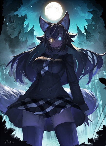 Anime picture 964x1326 with kemono friends grey wolf (kemono friends) takamine nadare single long hair tall image looking at viewer fringe breasts blue eyes light erotic black hair smile hair between eyes standing signed animal ears yellow eyes payot tail