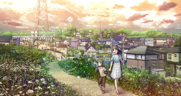 Anime picture 1200x640 with original suchfolder long hair short hair black hair smile brown hair wide image cloud (clouds) wind city cityscape girl dress boy flower (flowers) plant (plants) tree (trees) house